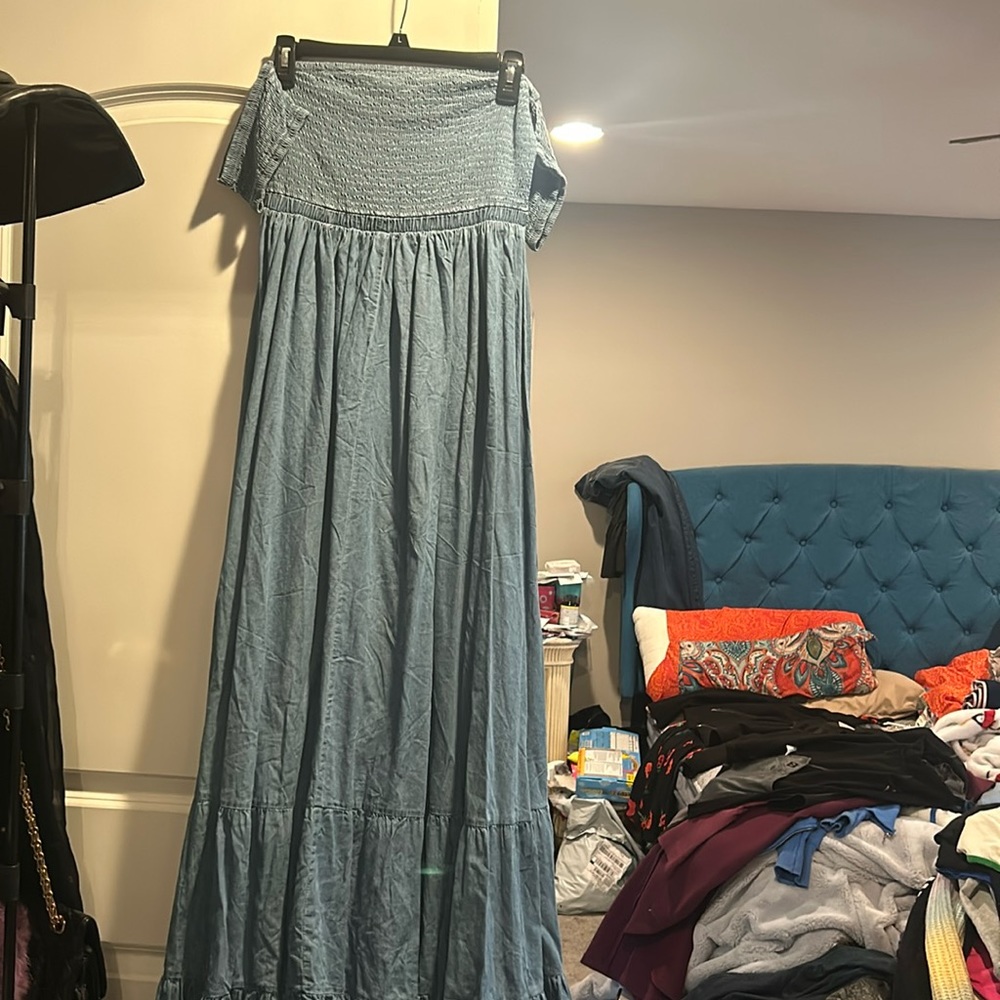 Long Smocked Jean Maxi Dress Off The Shoulder